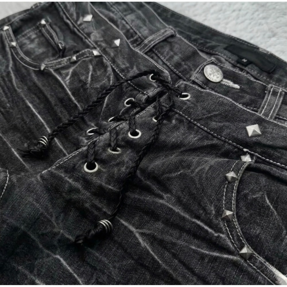 Mens Black Distressed Lace Up Front Flared Jeans Studded Punk Gothic Denim - Picture 3 of 4